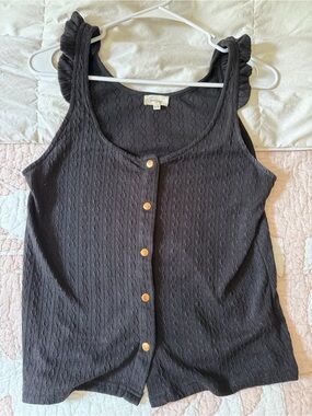 Ruffled Strap Black Button-Front Tank Top